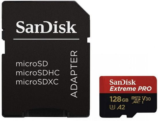 SanDisk Extreme Pro microSDXC 128GB A2 C10 V30 UHS-I U3 + adaptér (SDSQXCY-128G-GN6MA) - zánovné