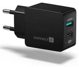 Connect IT Fast Charge nabíjecí adaptér 1× USB-A + 1× USB-C, 3,4 A, černý CWC-2030-BK - rozbalené