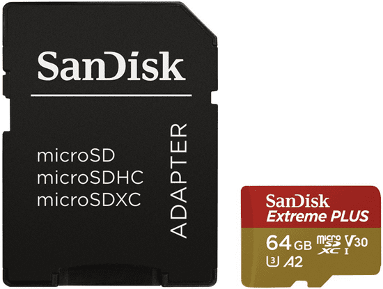 SanDisk Extreme Plus Micro SDXC 64GB A2 C10 V30 UHS-I U3 + adaptér (SDSQXBZ-064G-GN6MA)