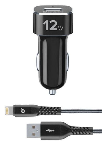 CellularLine Set USB autonabíjačky a Lightning kábla Tetra Force 12 W, certifikácia PFI, čierna TETRCBRKITMFIPH2A
