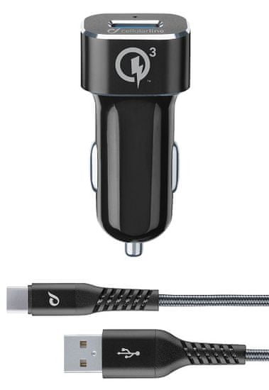 CellularLine Set USB autonabíjačky a USB-C kábla Tetra Force 18 W, Qualcomm Quick Charge 3.0, čierna TETRCBRHUKITQCTYCK