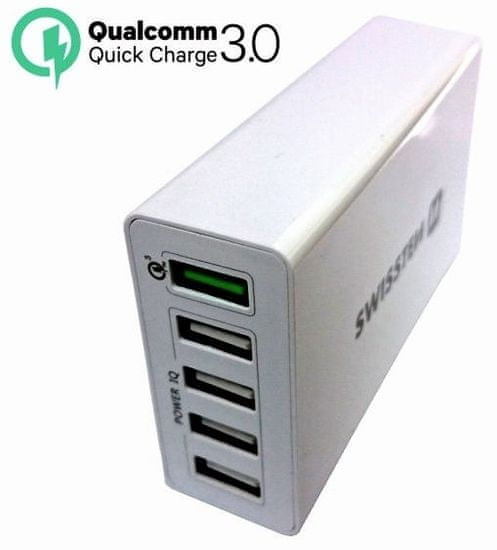 SWISSTEN Sieťový adaptér Qualcomm 3.0 Quick Charge + SMART IC 5× USB 50 W Power, biely 22013306