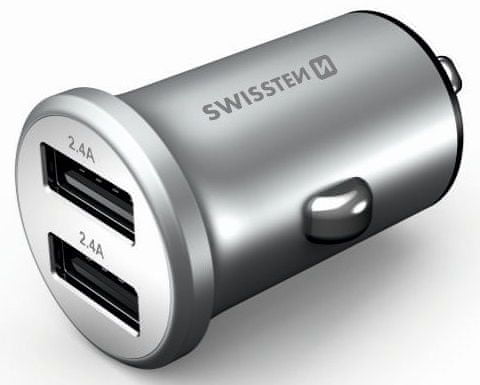 SWISSTEN CL adaptér 2 × USB 4,8 A Metal, strieborný 20114100