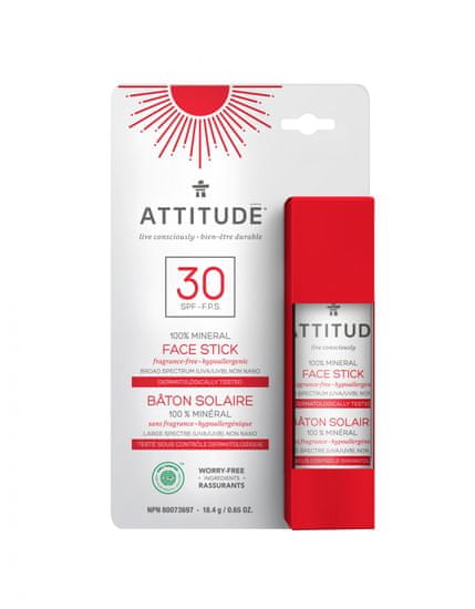 Attitude 100% minerálna ochranná tyčinka na tvár a pery (SPF 30) bez vône 18,4 g