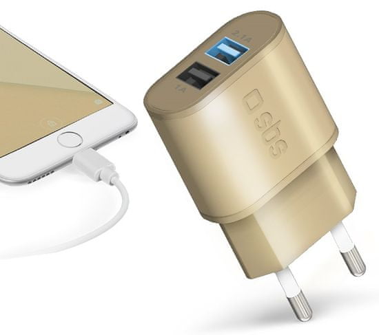 SBS Gold Collection - cestovný adaptér s rýchlym nabíjaním, 2 × USB, 2,1 A / 1 A, zlatý