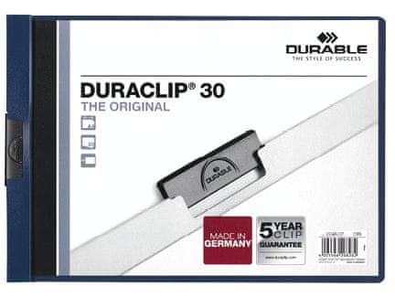 Durable Dosky DURACLIP A4/30 na šírku v tmavej modrej farbe.