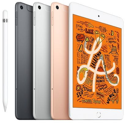 iPad Mini 2019, kovový, malý, vysoký výkon A12 Bionic, Neural Engine, Retina displej, iOS 12, Apple Pencil.