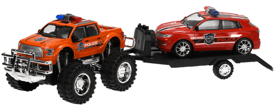 Mikro hračky Terénne auto Polícia s prívesom 58cm na zotrvačník + auto na zotrvačník, oranžová