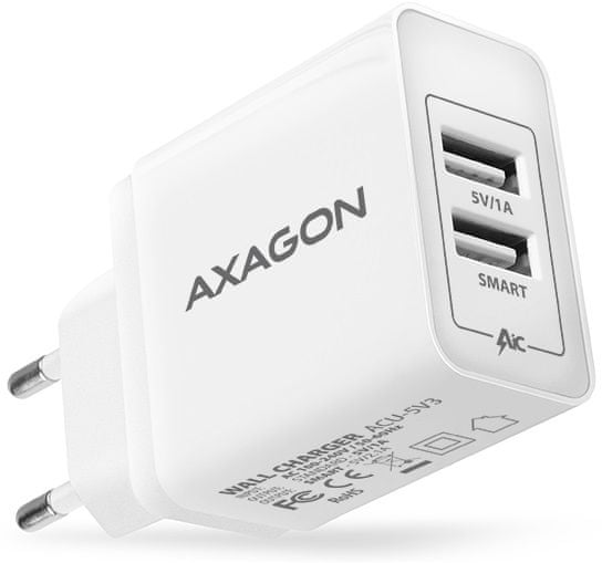 AXAGON SMART nabíjačka do siete, 2 x port 5V-2.1A + 1A, 15.5W, ACU-5V3