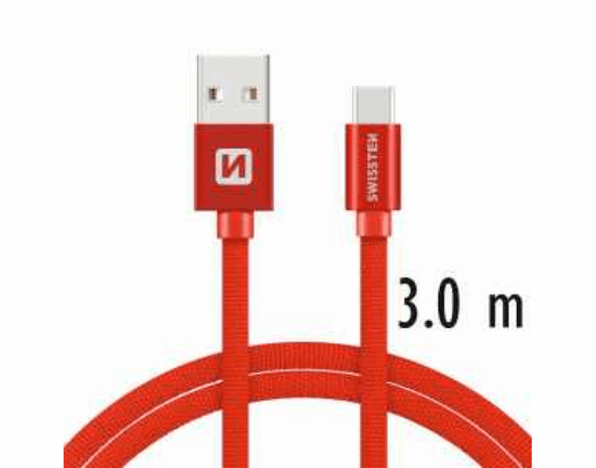 SWISSTEN Dátový kábel SWISSTEN TEXTILE USB / USB-C 3 m ČERVENÝ 71527901