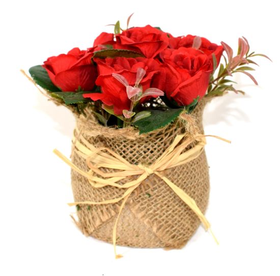 DUE ESSE Červené ruže v kvetináči z juty, 15 cm