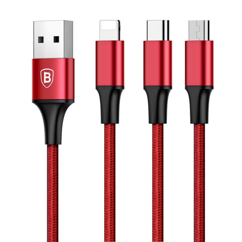  Baseus Rapid 3 v 1 nabíjací kábel pre Micro USB, Lightning, Type-C 3A/1.2 m, červená CAMLT-SU09 nabíjací kábel