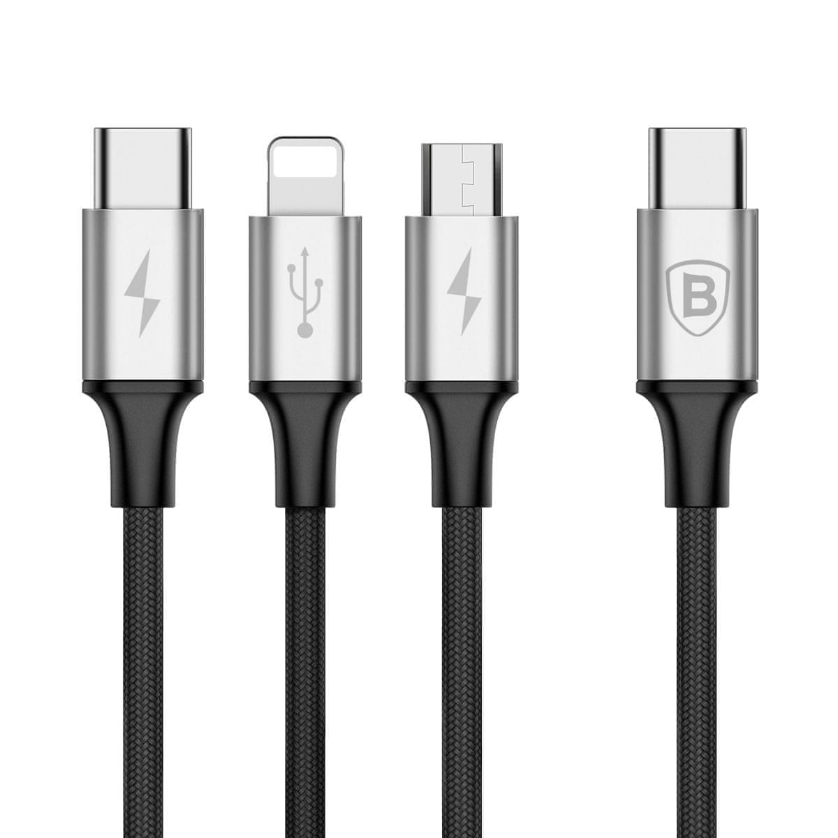  Baseus Rapid 3 v 1 nabíjací kábel pre Micro USB, Lightning, Type-C 3A/1.2 m, strieborno-čierna CAMLT-SUS1 nabíjací kábel