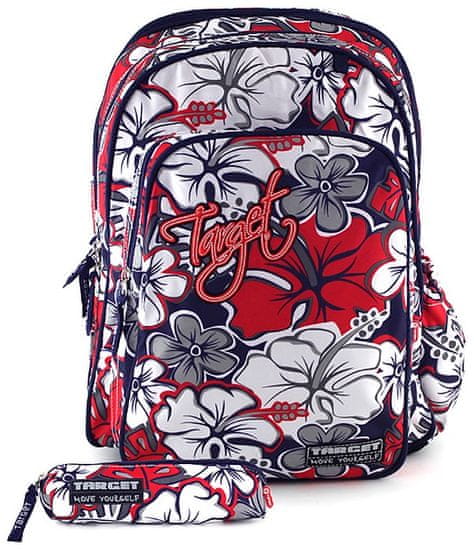 Target Študentský batoh, červeno - sivé kvety, vrátane peračníka