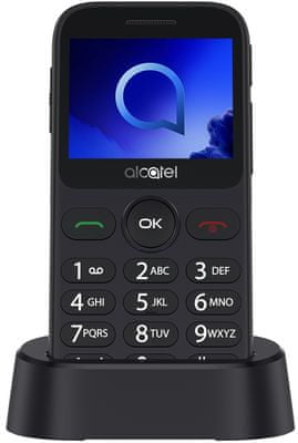 Alcatel 2019G, mobil pre seniorov, veľké tlačidlá, SOS tlačidlo, nabíjací stojan, Dual SIM, dlhá výdrž, jednoduché ovládanie