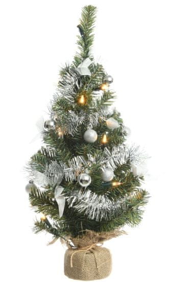 Kaemingk Mini vianočný stromček so svetielkami, ozdobený striebornými ozdobami, 60 cm, 20 LED