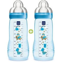 MAM MAM Farebná dojčenská fľaša Easy Active 2nd Age, 330 ml, od 6 mesiacov, prietokový cumlík X, sada 2 ks., Chlapec