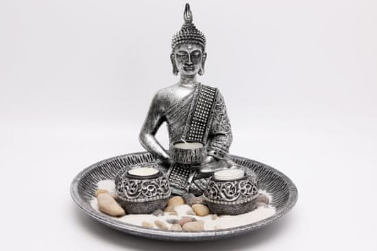 Sifcon Dekorácie BUDDHA - svietniky na čajové sviečky + stojan na vonné tyčinky, strieborný