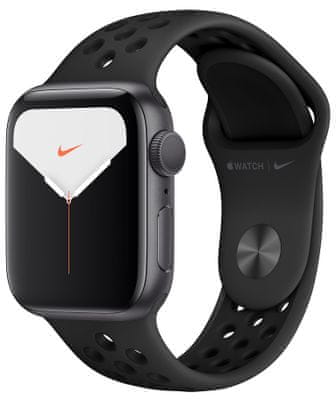 Chytré hodinky Apple Watch Nike Series 5, Retina displej stále zapnutý EKG aplikácie Nike Run Club monitorovanie tepu srdca hudobný prehrávač volanie notifikácia NFC platby Apple Pay hluk App Store