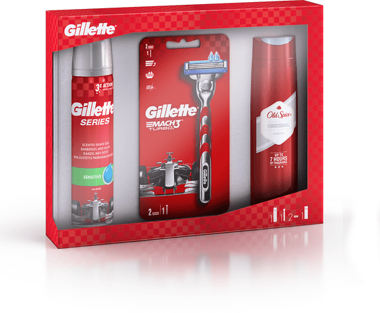 Gillette Mach3 Turbo darčekové balenie + Gél na holenie Sensitive + Old Spice Original Sprchový gél
