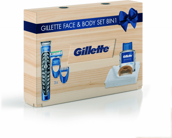 Gillette Drevený box darčekové balenie Styler + voda po holení + hrebeň + uterák