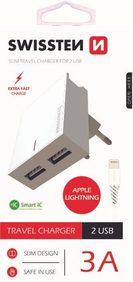 SWISSTEN Sieťový adaptér Smart IC, CE 2x USB, 3 A, biely (22047000)