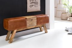 Bruxxi Kožená lavica s dreveným boxom, 120 cm, hnedá