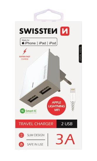 SWISSTEN Sieťový adaptér smart IC, CE 2x USB 3 A power biely + dátový kábel USB / lightning, 22045000