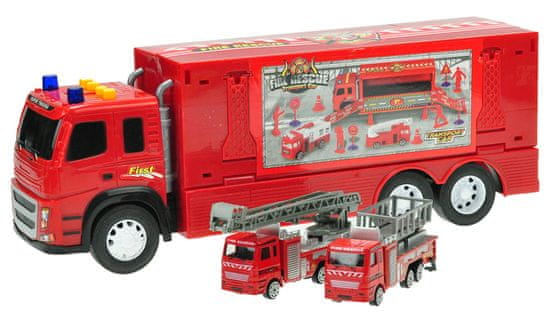 Mikro hračky Kamión 40 cm na zotrvačník na batérie so svetlom a zvukom + 2 hasičské autá kovové 12 cm