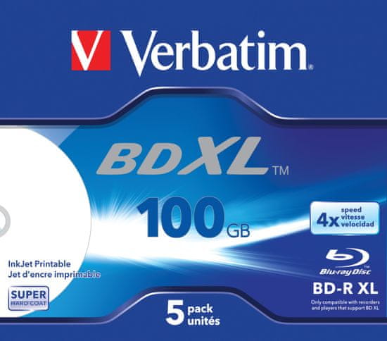 VERBATIM BD-R XL 100GB, 4×, printable, jewel case 5 ks (43789)