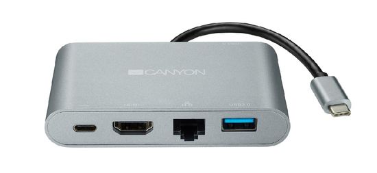 Canyon Dokovacia stanica, 5 portov: 1×Type C male, 1×HDMI, 1×RJ45, 2×USB 3.0, vstup 100 - 240 V, výstup USB-C PD60W+USB-A, sivá (CNS-TDS04DG)