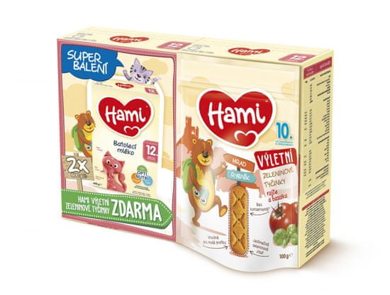 Hami 12+ batoľacie mlieko 2x 600 g + Hami Výletné zeleninové tyčinky Paradajka a Bazalka 100 g, 10+