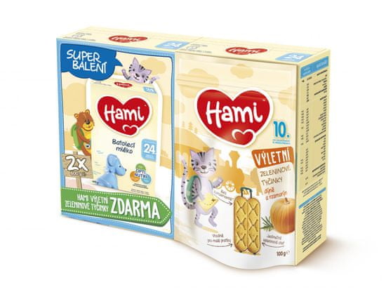 Hami 24+ batoľacie mlieko 2x 600 g + Hami Výletné zeleninové tyčinky Tekvica a Rozmarín 100 g, 10+