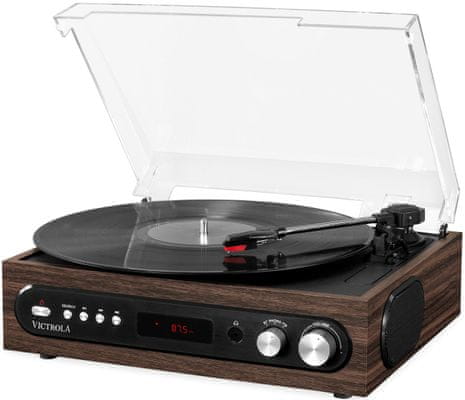 elegantný retro gramofón Victrola VTA-65 design 3 rýchlosti otáčok 33 45 78 FM rádio tuner bluetooth 3,5mm jack RCA výstup 