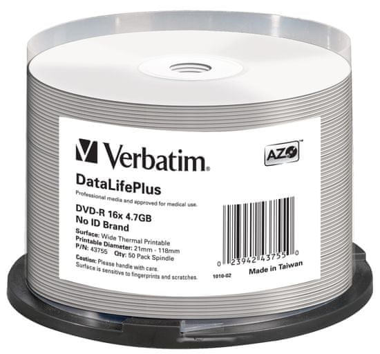 VERBATIM DVD-R DataLifePlus 4.7GB, 16x, thermal printable, spindle 50 ks (43755)