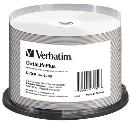 VERBATIM DVD-R DataLifePlus 4,7GB, 16x, silver thermal printable, spindle 50 ks (43782)