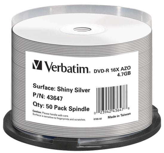 VERBATIM DVD-R DataLifePlus 4,7GB, 16x, shiny silver thermal printable, spindle 50 ks (43647)