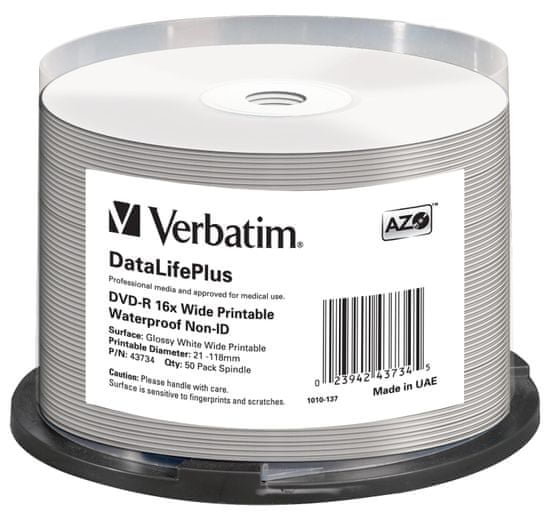VERBATIM DVD-R DataLifePlus 4.7GB, 16x, printable, waterproof, spindle 50 ks (43734)