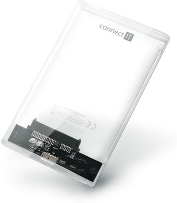 Externý box Connect IT ToolFree Clear (CEE-1300-TT), priehľadný, LED dióda, ABS plast, rýchlosť 5 Gbps, HDD/SSD disky 2,5 palcov, tichý chod, USB 3.0, SATA