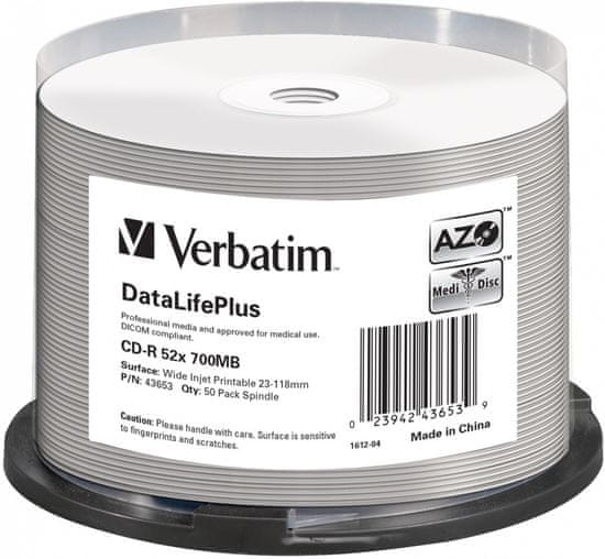 VERBATIM CD-R DataLifePlus 700MB, 52x, silver printable, spindle 50 ks (43653)