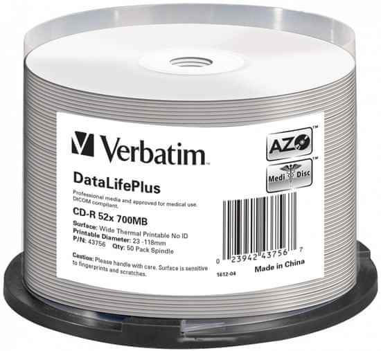 VERBATIM CD-R DataLifePlus 700MB, 52x, white thermal printable, spindle 50 ks (43756)