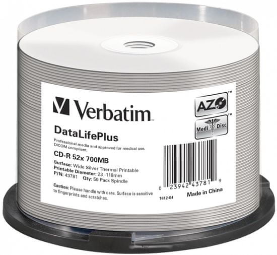 VERBATIM CD-R DataLifePlus 700MB, 52x, silver thermal printable, spindle 50 ks (43781)