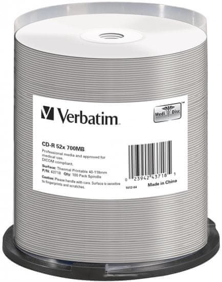 VERBATIM CD-R DataLifePlus 700MB, 52x, thermal printable, spindle 100 ks (43718)
