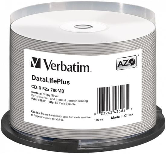 VERBATIM CD-R DataLifePlus 700MB, 52x, shiny silver thermal printable, spindle 50 ks (43582)