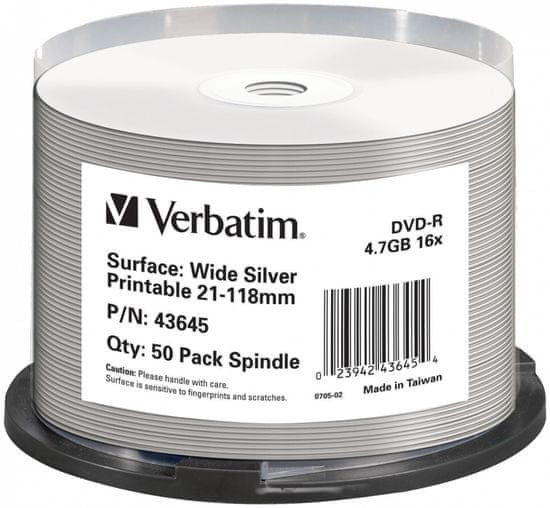 VERBATIM DVD-R DataLifePlus 4,7GB, 16x, silver inkjet printable, spindle 50 ks (43645)