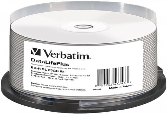 VERBATIM BD-R SL DataLifePlus 25GB, 6x, thermal printable, spindle 25 ks (43743)