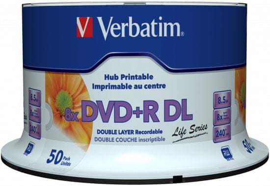 VERBATIM DVD+R DL AZO 8,5GB, 8x, printable, inverse stack, spindle 50 ks (97693) - rozbalené