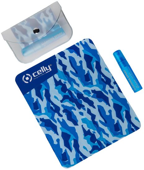 CELLY Vreckový čistiaci set na displeje s puzdrom Clean Kit Pochette 5 ml, modrá, CLEANKITPOCH5BL