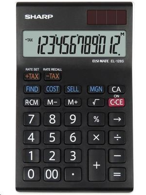 Stolná finančná kalkulačka Sharp EL128SWH, solárna, výpočet daní, výnosov, marže, nákladov