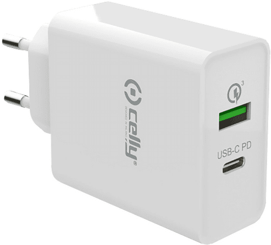 CELLY PRO POWER cestovná nabíjačka s USB-C a USB TCUSBC45WWH, biela
